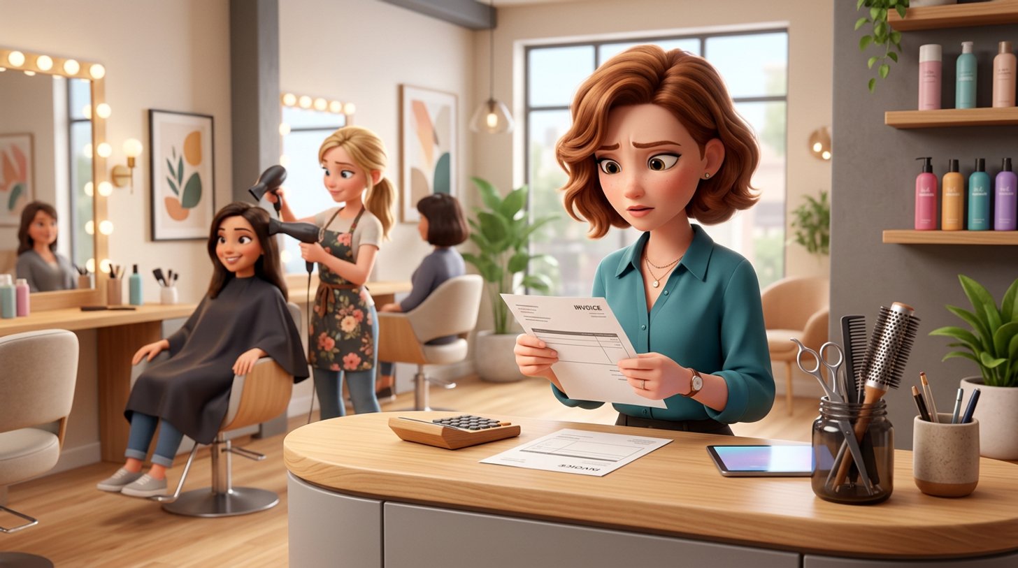 A New Zealand hair salon owner studies a printed levy invoice at her reception desk, calculator at hand, while a stylist blow-dries a client in the background