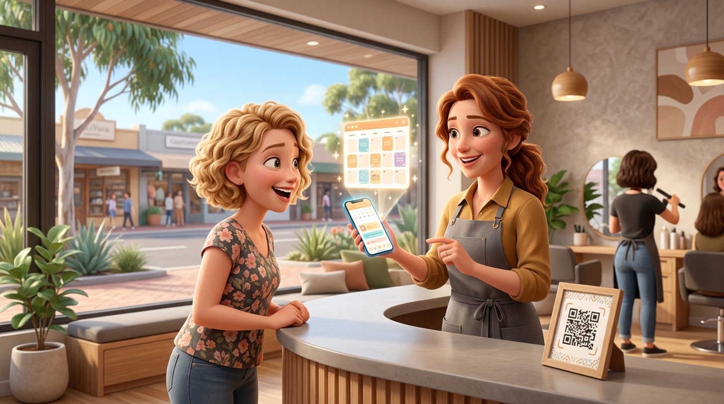 A hair salon owner at her reception desk shows a client a phone with a glowing calendar above it, a QR code sign on the counter and a sunny Australian street outside
