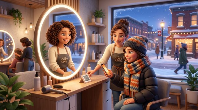 A hair salon owner places a QR code card beside the mirror while a client scans it with her phone, a snowy Canadian main street visible through the salon window