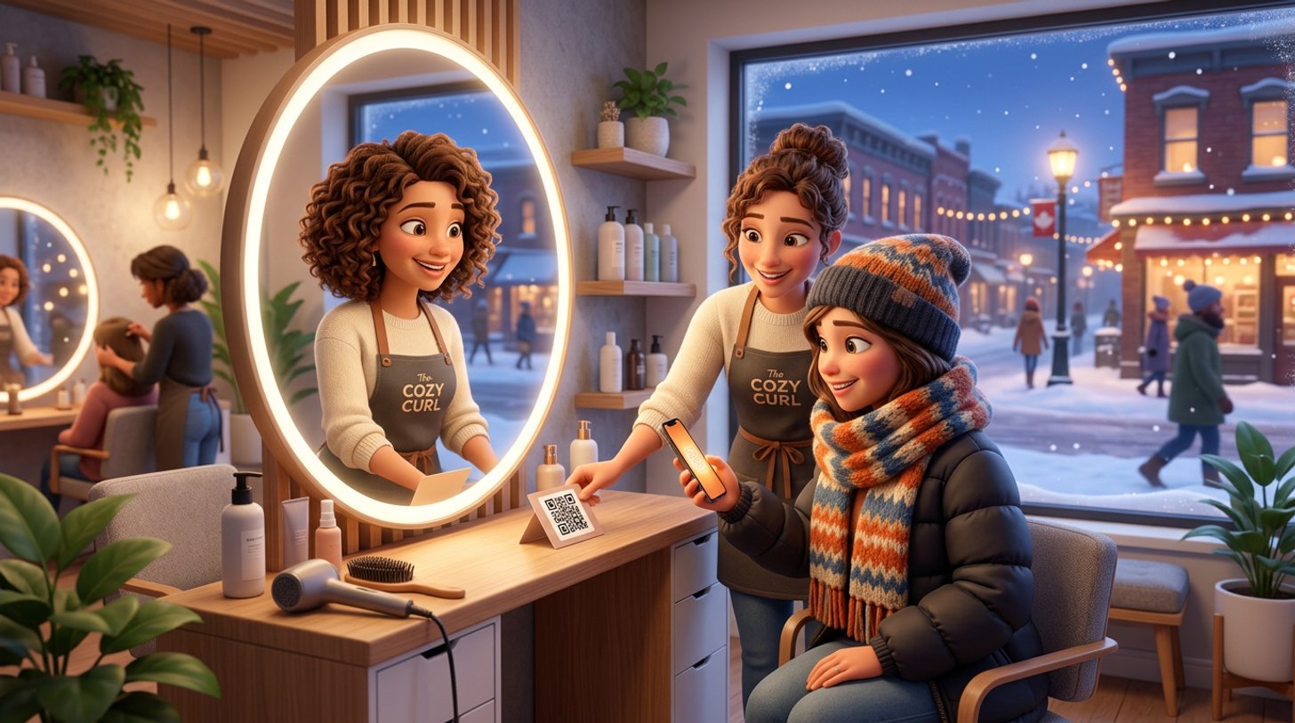 A hair salon owner places a QR code card beside the mirror while a client scans it with her phone, a snowy Canadian main street visible through the salon window