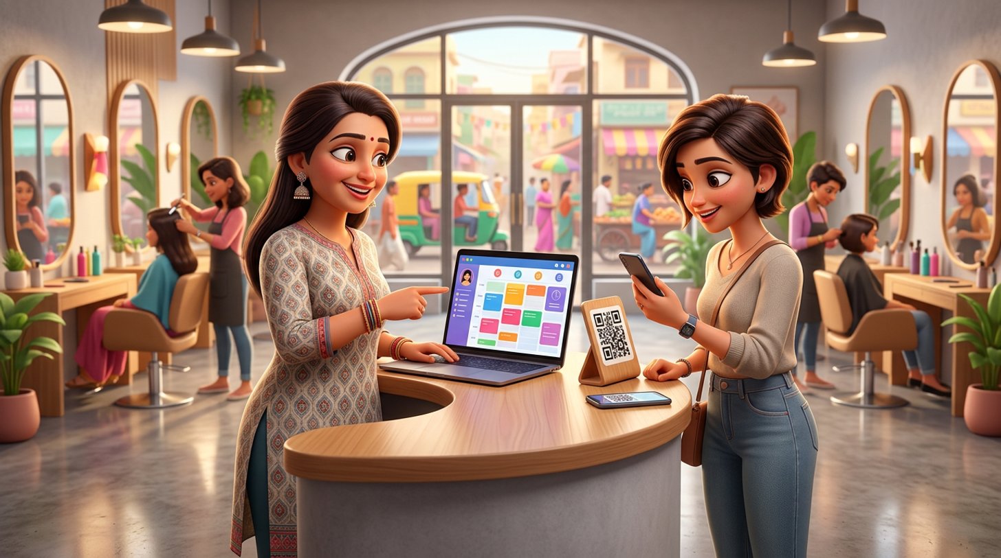 An Indian hair salon owner at her reception counter shows an online booking calendar on a laptop while a client scans a QR code standee with her phone