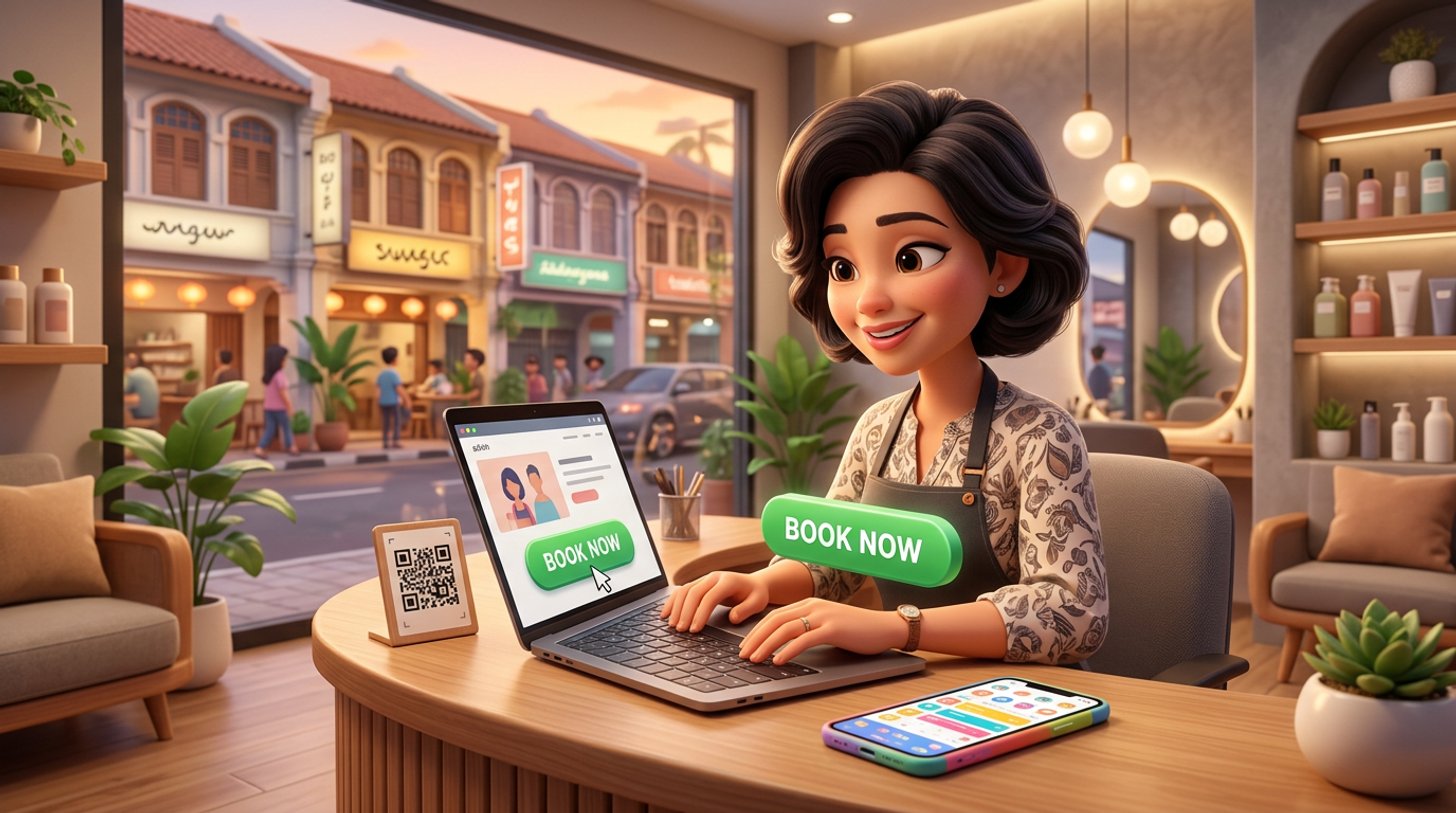 A Malaysian hair salon owner adds a book-now button to her salon website on a laptop at the front desk while a QR code stand and a phone showing a booking page sit beside the keyboard