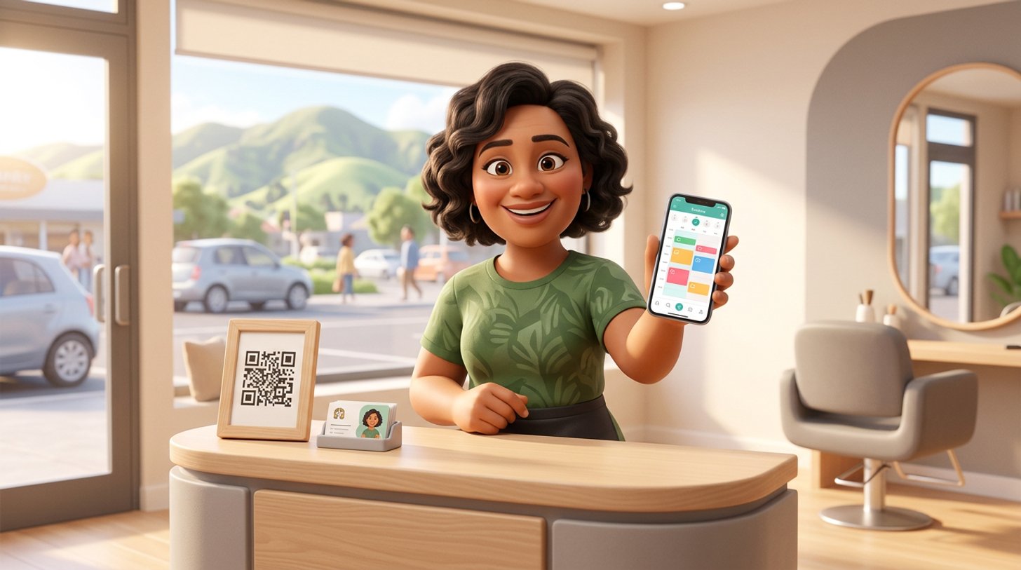A New Zealand hair salon owner at her reception desk points at a glowing booking calendar on a laptop while a QR code sign sits on the counter and green hills show through the window