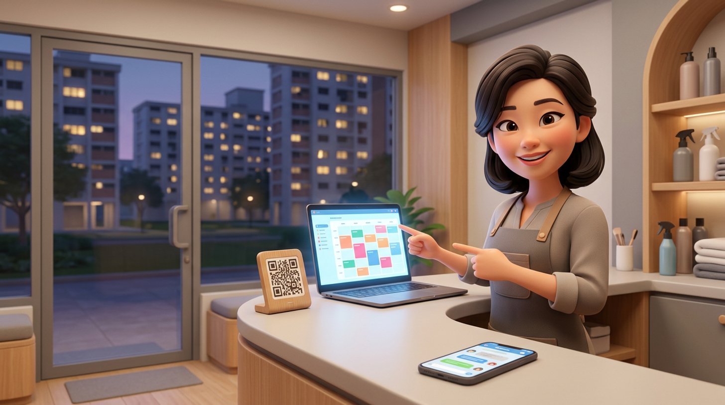 A Singapore hair salon owner at her HDB shopfront reception desk points at a glowing booking calendar on a laptop while a QR code stand sits on the counter and city flats show through the window