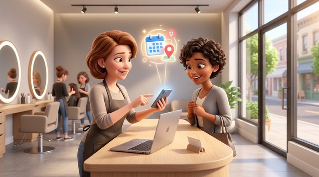 Illustration of a hair salon owner at her reception desk showing a client a smartphone with a calendar and map pin floating above it, in a bright American salon with a sunny main street outside