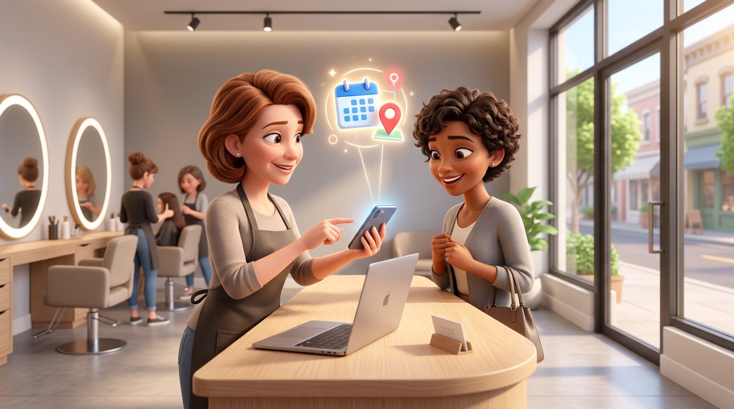 Illustration of a hair salon owner at her reception desk showing a client a smartphone with a calendar and map pin floating above it, in a bright American salon with a sunny main street outside