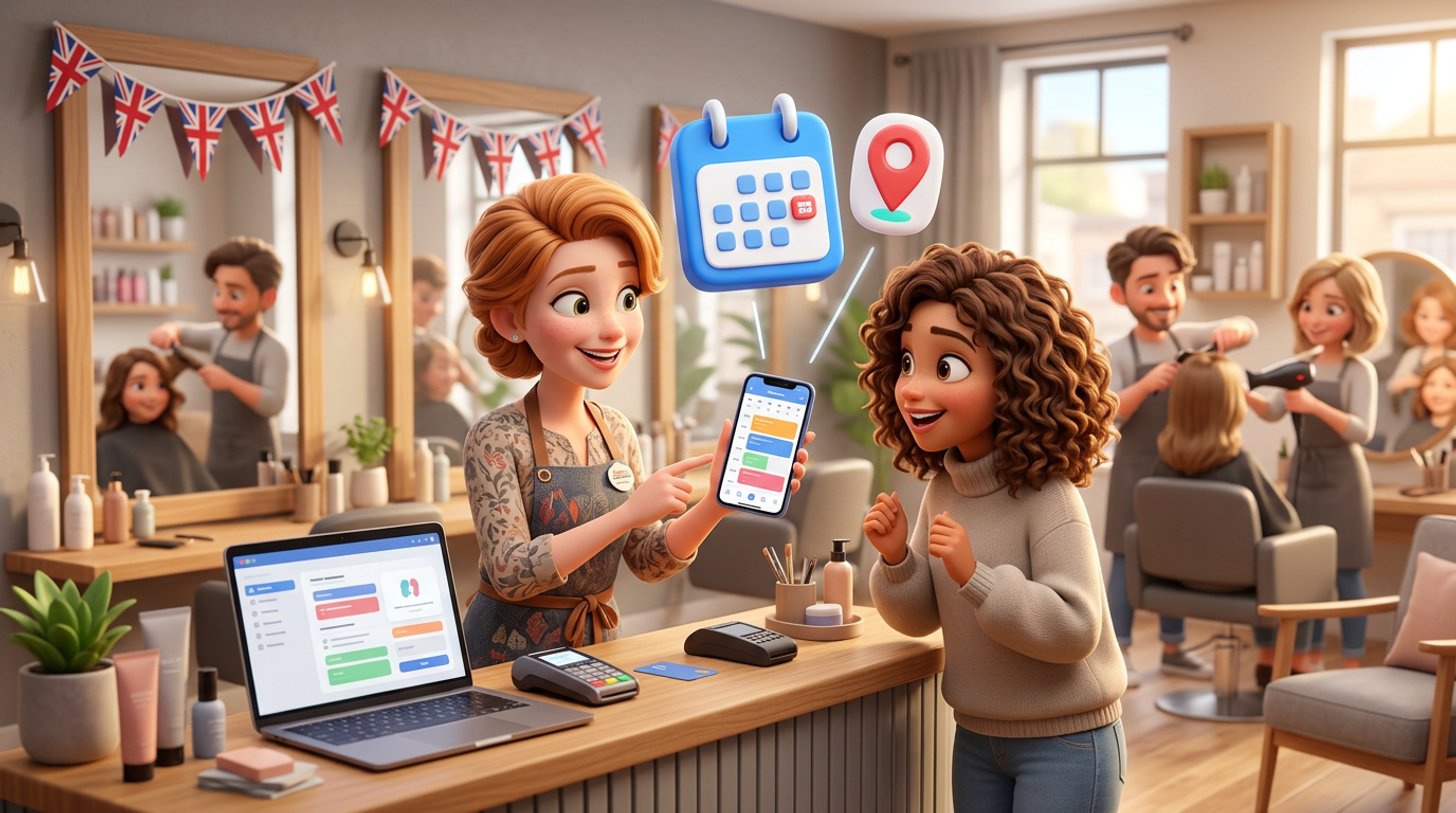 Illustration of a hair salon owner at her reception desk showing a client a smartphone with a calendar and map pin floating above it, Union Jack bunting draped over the salon mirrors
