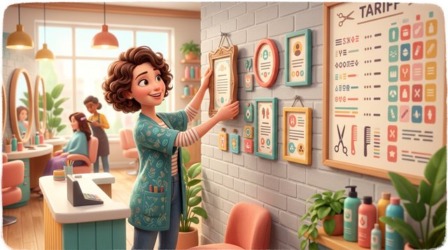 Illustration d'une gérante de salon de coiffure accrochant un cadre d'informations au mur près de la caisse, plusieurs affichettes déjà alignées à côté de la grille des tarifs
