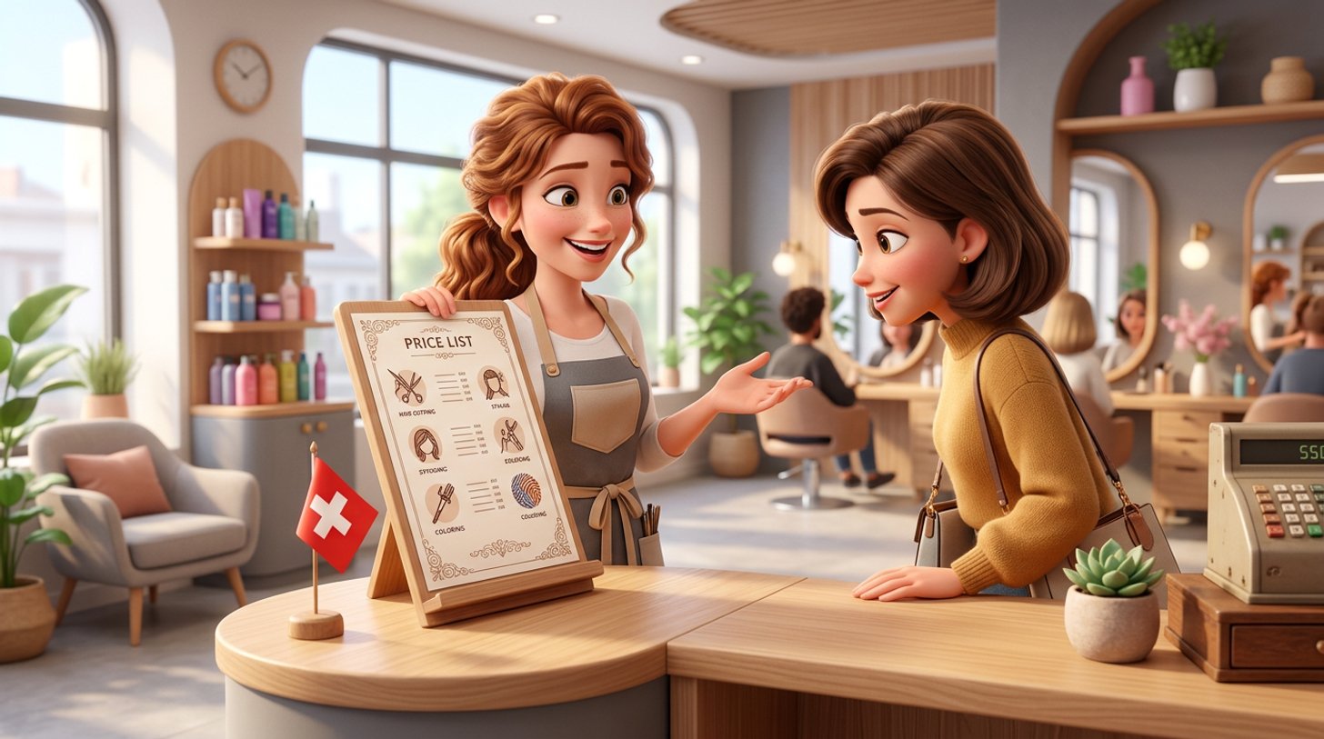 Illustration d'une coiffeuse présentant la liste des tarifs en francs suisses à une cliente dans un salon de coiffure lumineux