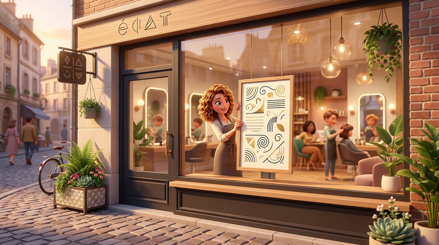Illustration d'une coiffeuse ajustant le panneau de tarifs dans la vitrine lumineuse de son salon de coiffure, vue depuis la rue