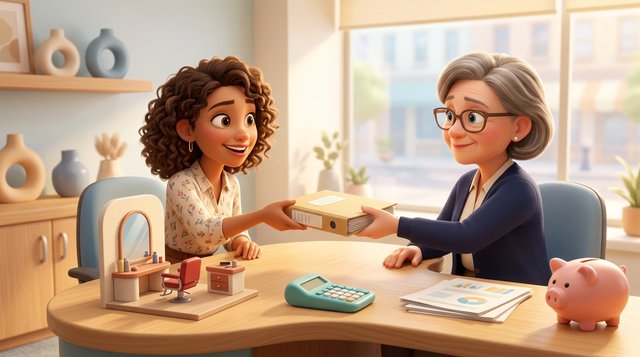 Une future coiffeuse souriante reçoit un dossier de financement des mains d'une conseillère dans un bureau lumineux, une maquette de salon de coiffure et une calculatrice posées sur la table