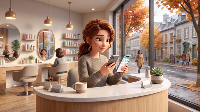 Illustration d'une propriétaire de salon de coiffure songeuse à son comptoir, qui compare des applications de rendez-vous sur son téléphone, une rue d'automne visible par la vitrine