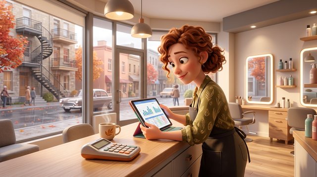 Illustration d'une propriétaire de salon de coiffure québécoise qui examine une grille de frais sur sa tablette au comptoir d'accueil, avec une rue de Montréal et ses escaliers en fer forgé visibles par la vitrine