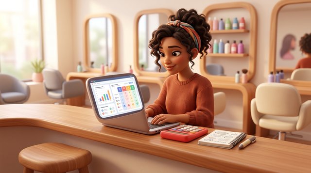 Illustration d'une gérante de salon de coiffure romande calculant le coût réel d'un logiciel de réservation, calculatrice et carnet posés près de son ordinateur portable