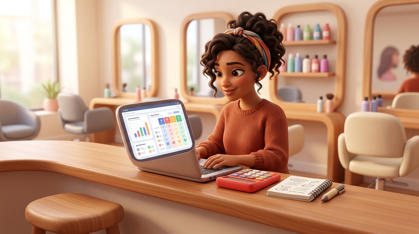 Illustration d'une gérante de salon de coiffure romande calculant le coût réel d'un logiciel de réservation, calculatrice et carnet posés près de son ordinateur portable