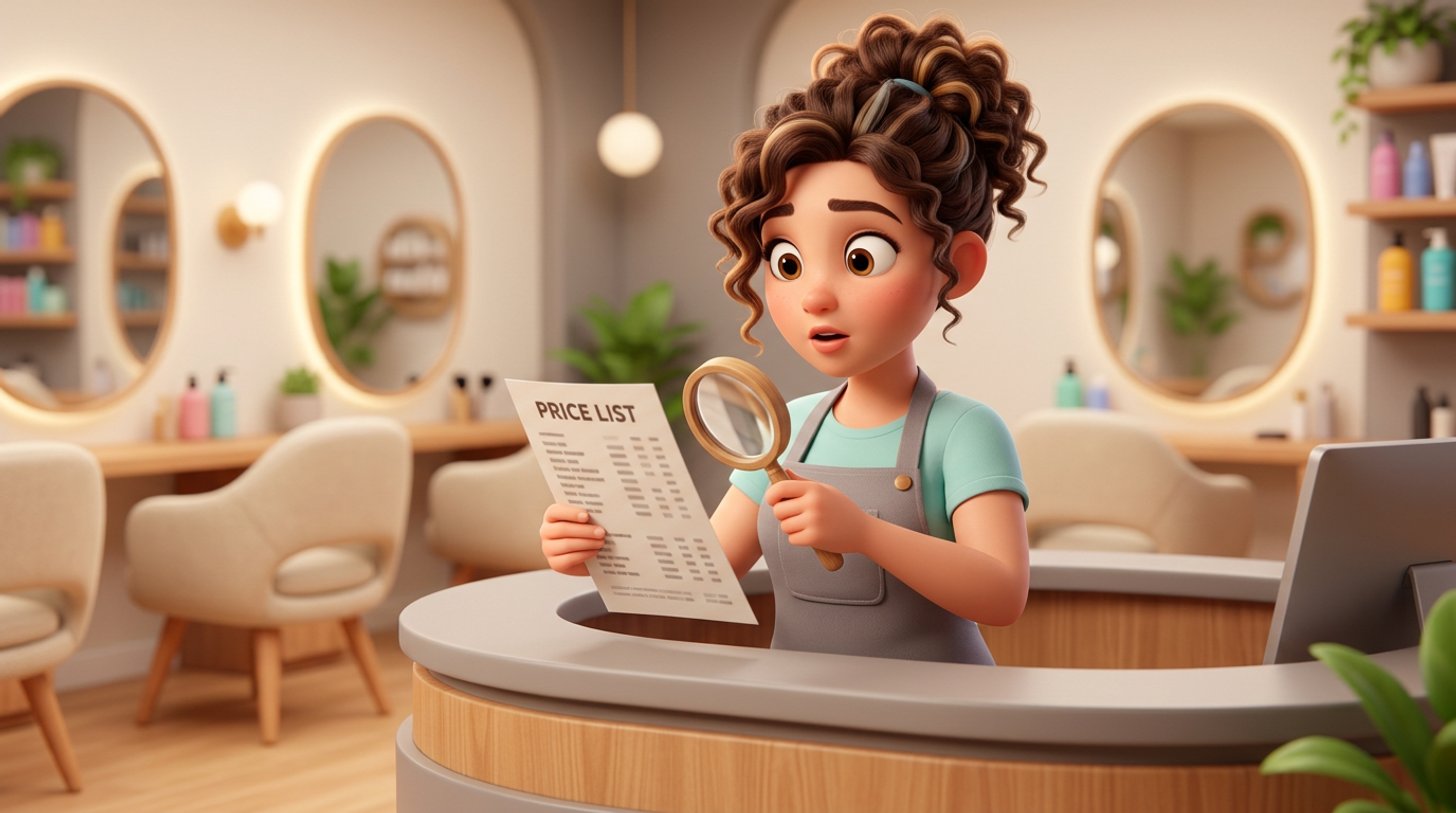 Illustration d'une coiffeuse surprise examinant une grille tarifaire à la loupe au comptoir d'accueil de son salon de coiffure