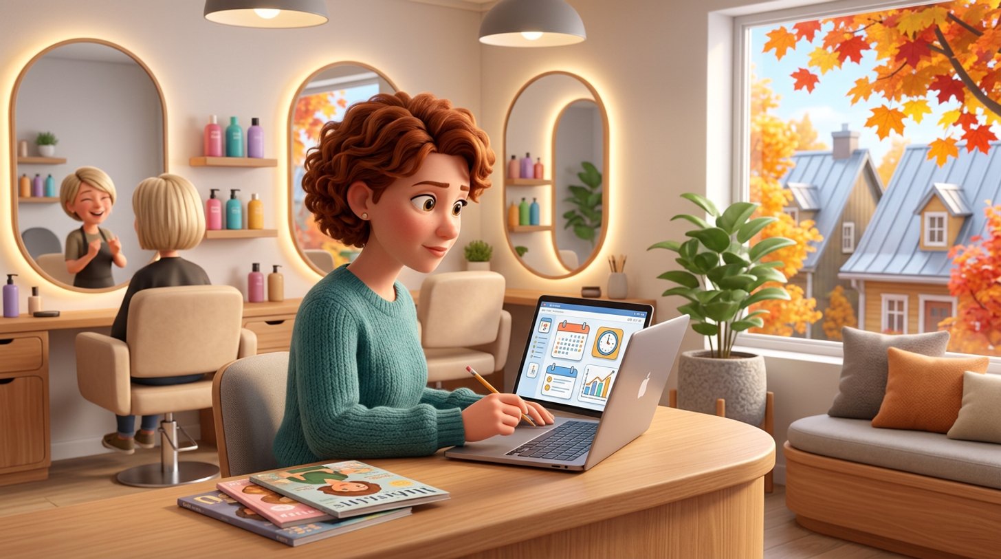 Illustration d'une propriétaire de salon de coiffure québécoise comparant des logiciels de prise de rendez-vous sur son portable, au comptoir de son salon