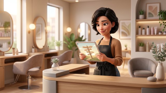 Illustration d'une coiffeuse au comptoir d'accueil de son salon, regardant une tablette qui affiche un carrefour avec des panneaux de direction vierges