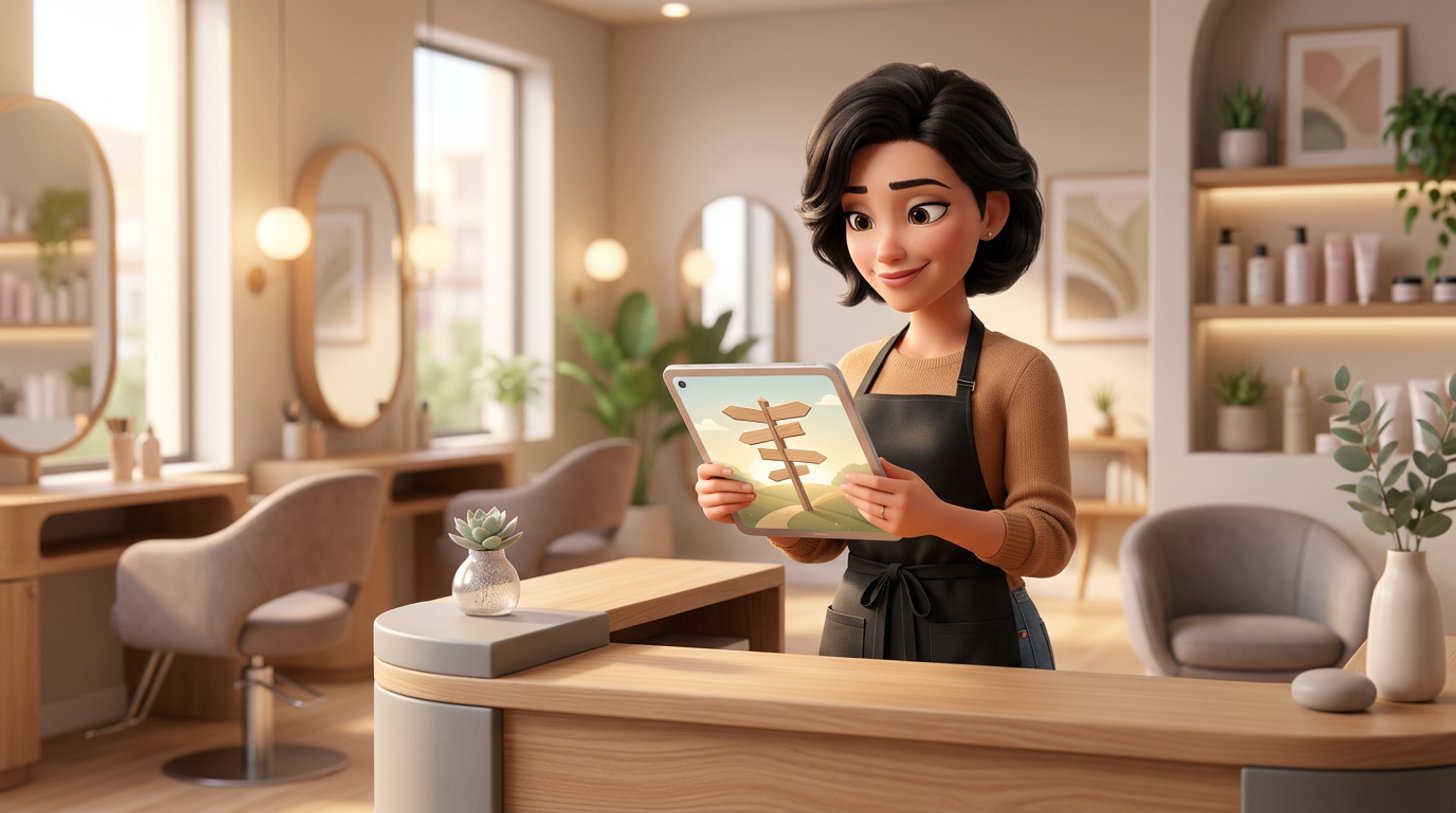 Illustration d'une coiffeuse au comptoir d'accueil de son salon, regardant une tablette qui affiche un carrefour avec des panneaux de direction vierges