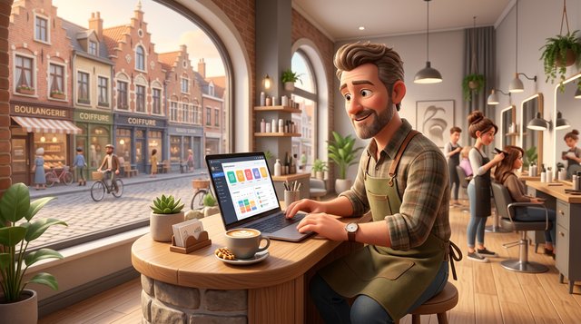 Illustration d'un gérant de salon de coiffure bruxellois comparant des logiciels de réservation sur son ordinateur, une tasse de café à la main