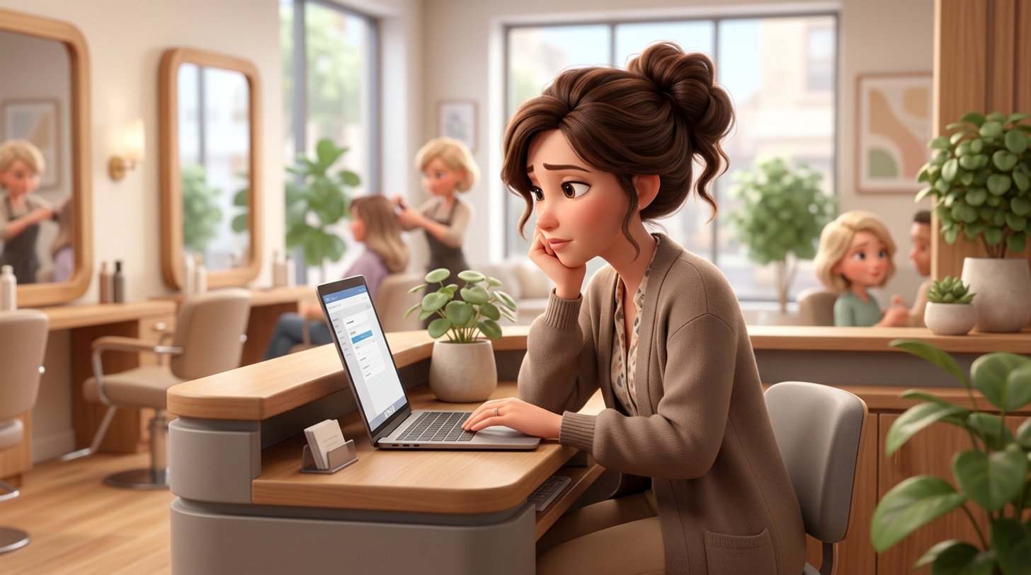 Illustration d'une gérante de salon de coiffure pensive à son comptoir d'accueil, hésitant devant son ordinateur portable comme si elle pesait une décision