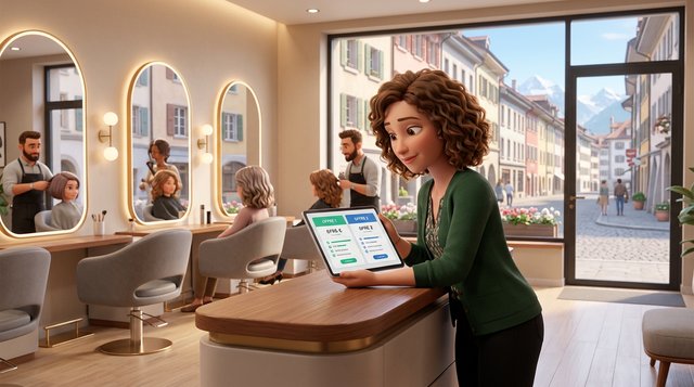 Illustration d'une gérante de salon de coiffure comparant deux offres sur sa tablette au comptoir d'accueil, dans un salon lumineux donnant sur une rue de ville suisse