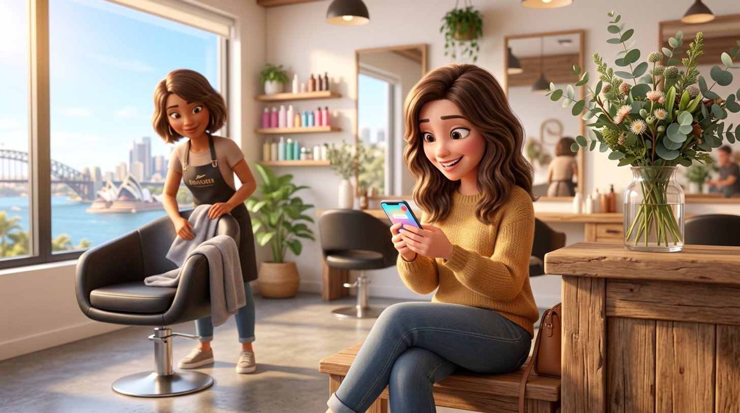 A client checks an appointment reminder on her phone in a sunlit Australian hair salon while a stylist prepares a chair behind her