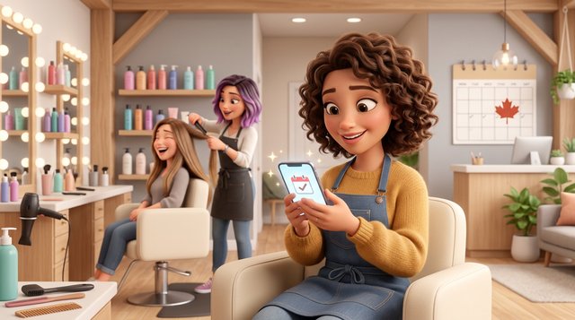 A smiling client reads an appointment reminder on her phone in a bright Canadian hair salon while a stylist works behind her, a maple leaf calendar on the wall