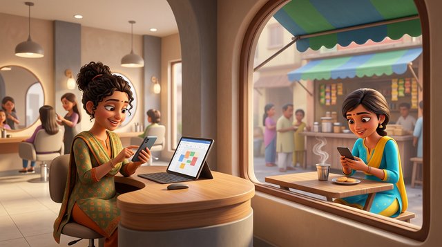 A hair salon receptionist at the front desk sends a WhatsApp reminder from the salon phone while a client across the street reads it over a cup of chai