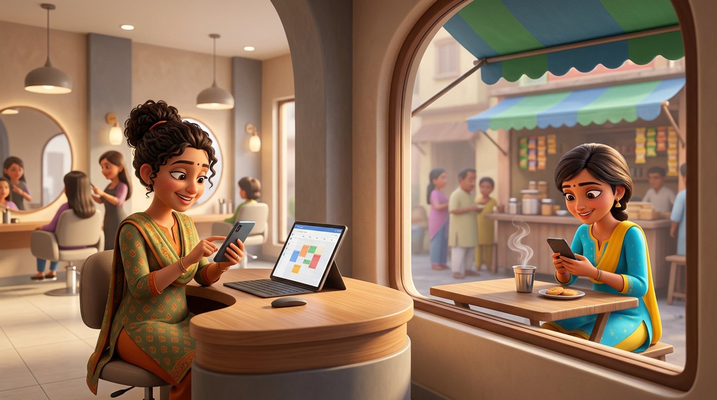 A hair salon receptionist at the front desk sends a WhatsApp reminder from the salon phone while a client across the street reads it over a cup of chai