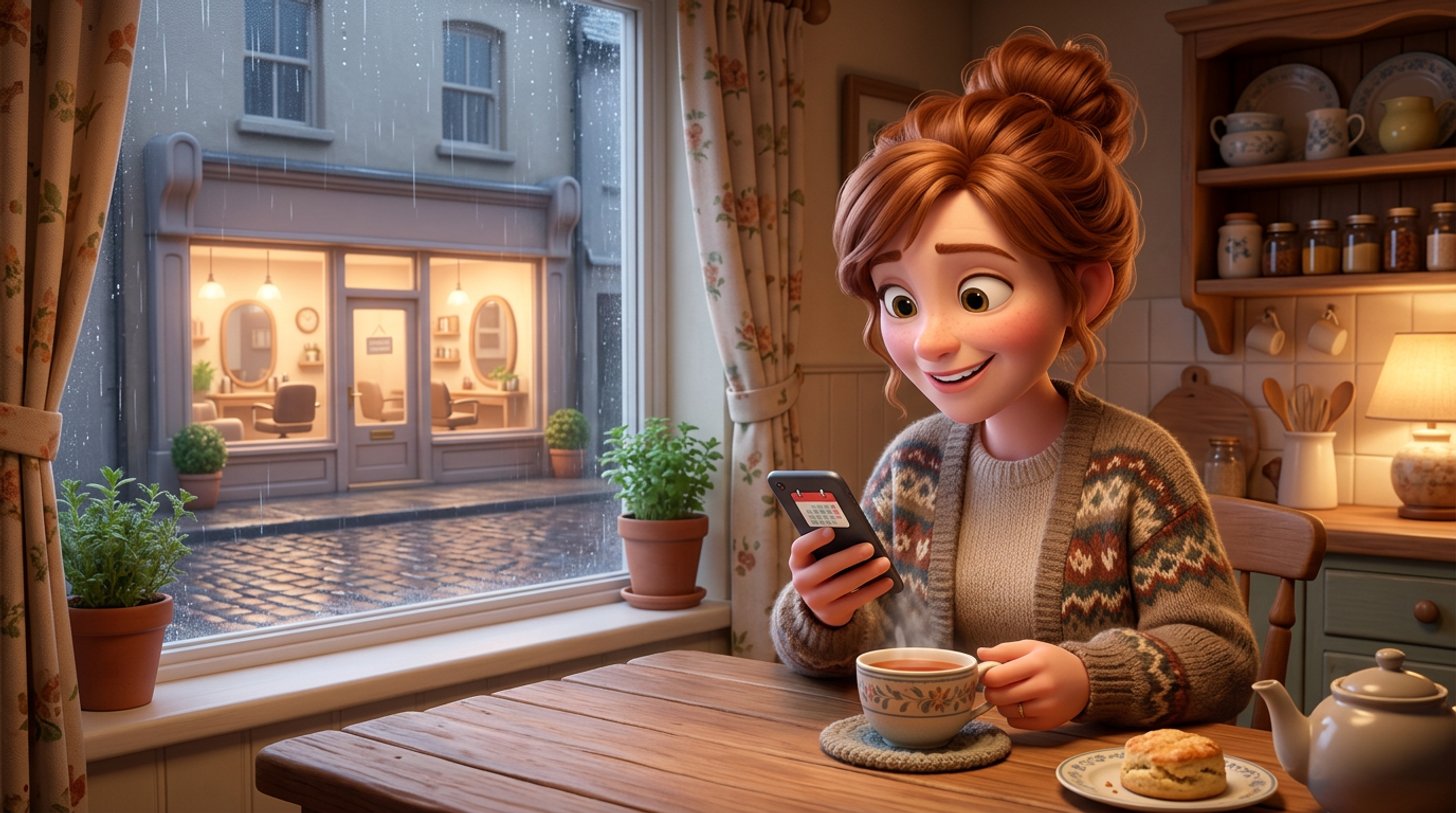 A client in a cosy Irish kitchen smiles at a calendar notification on her phone, a warm hair salon shopfront visible across the street through the window