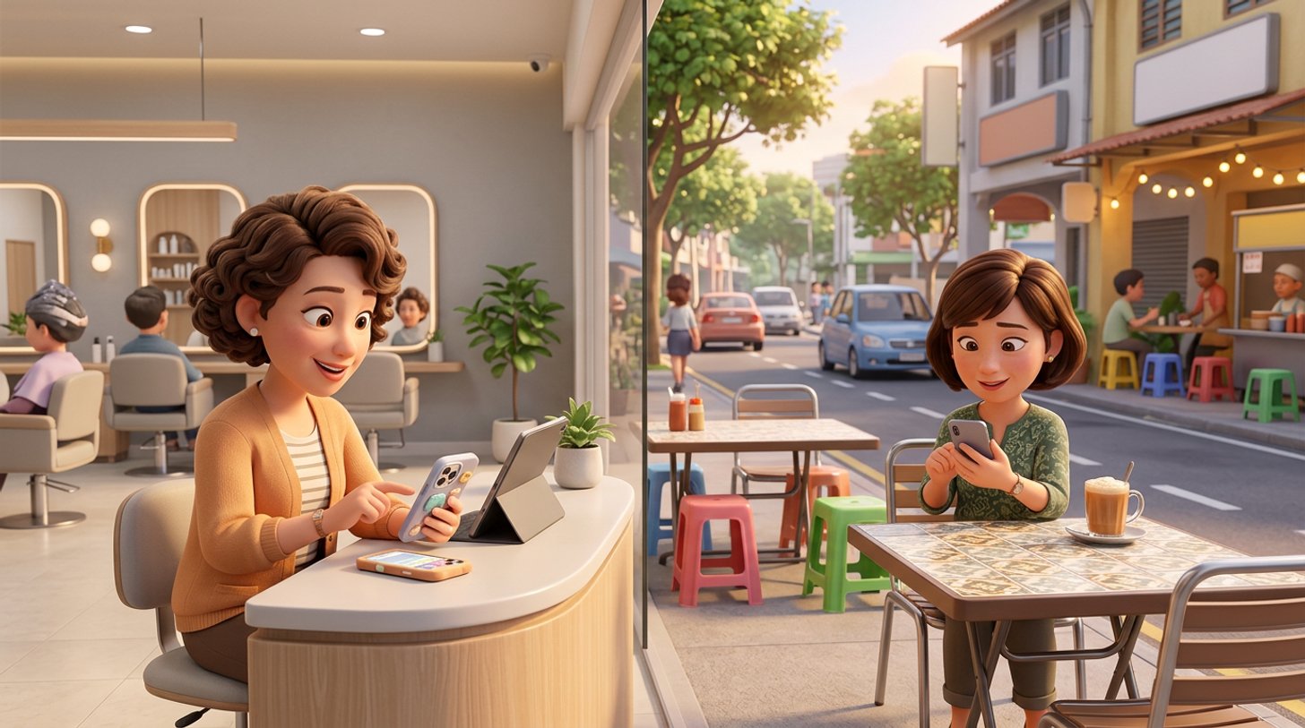 A hair salon receptionist taps a WhatsApp reminder on the salon phone at the front desk while a client checks the message over a glass of teh tarik at a kopitiam across the street