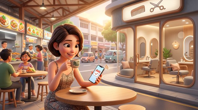 A client at a hawker centre table smiles at an appointment reminder on her phone over a cup of kopi, her hair salon visible across the street