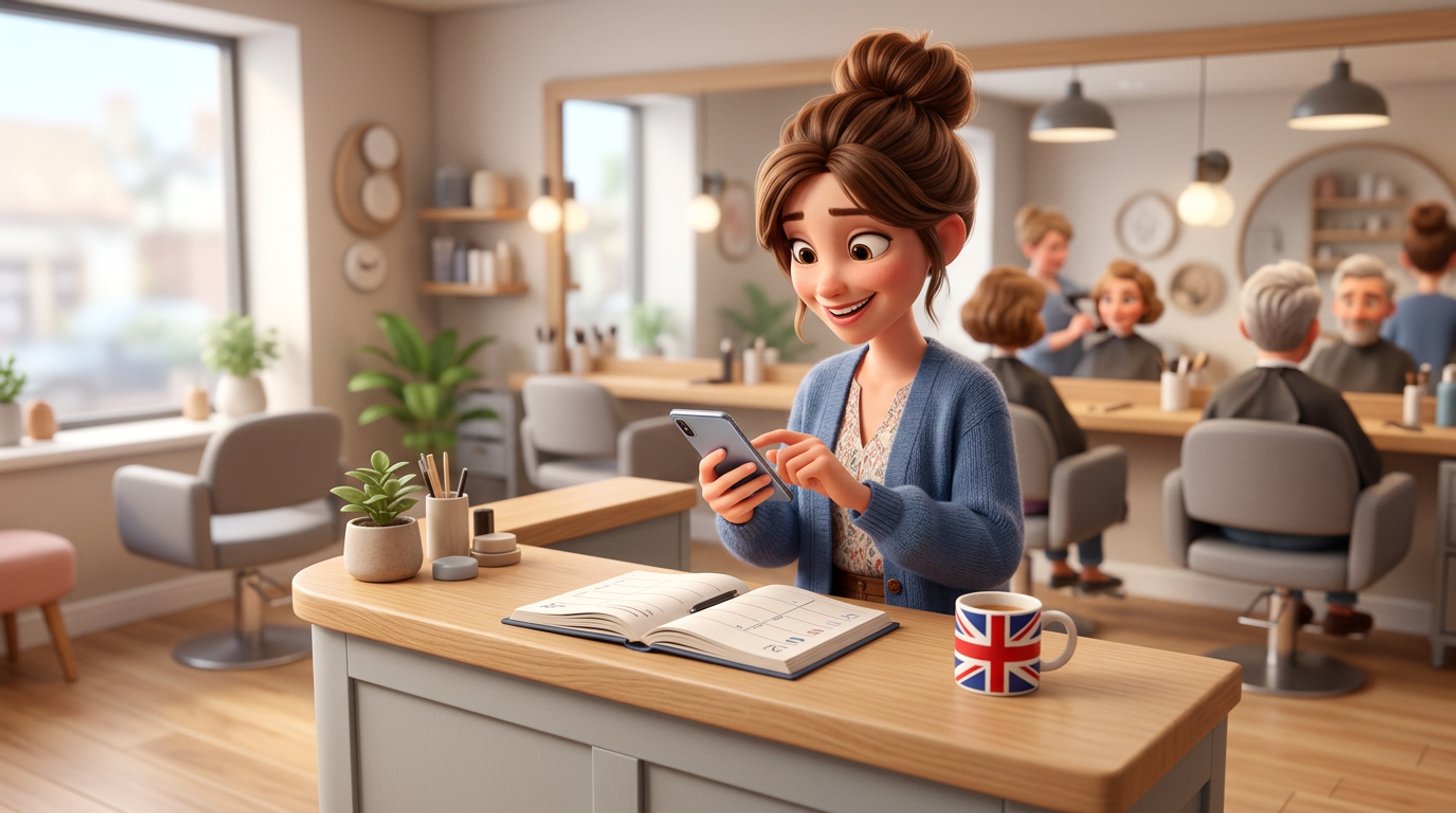 Smiling hair stylist typing a client reminder message on her phone at the reception desk of a bright British salon, an appointment diary open beside her