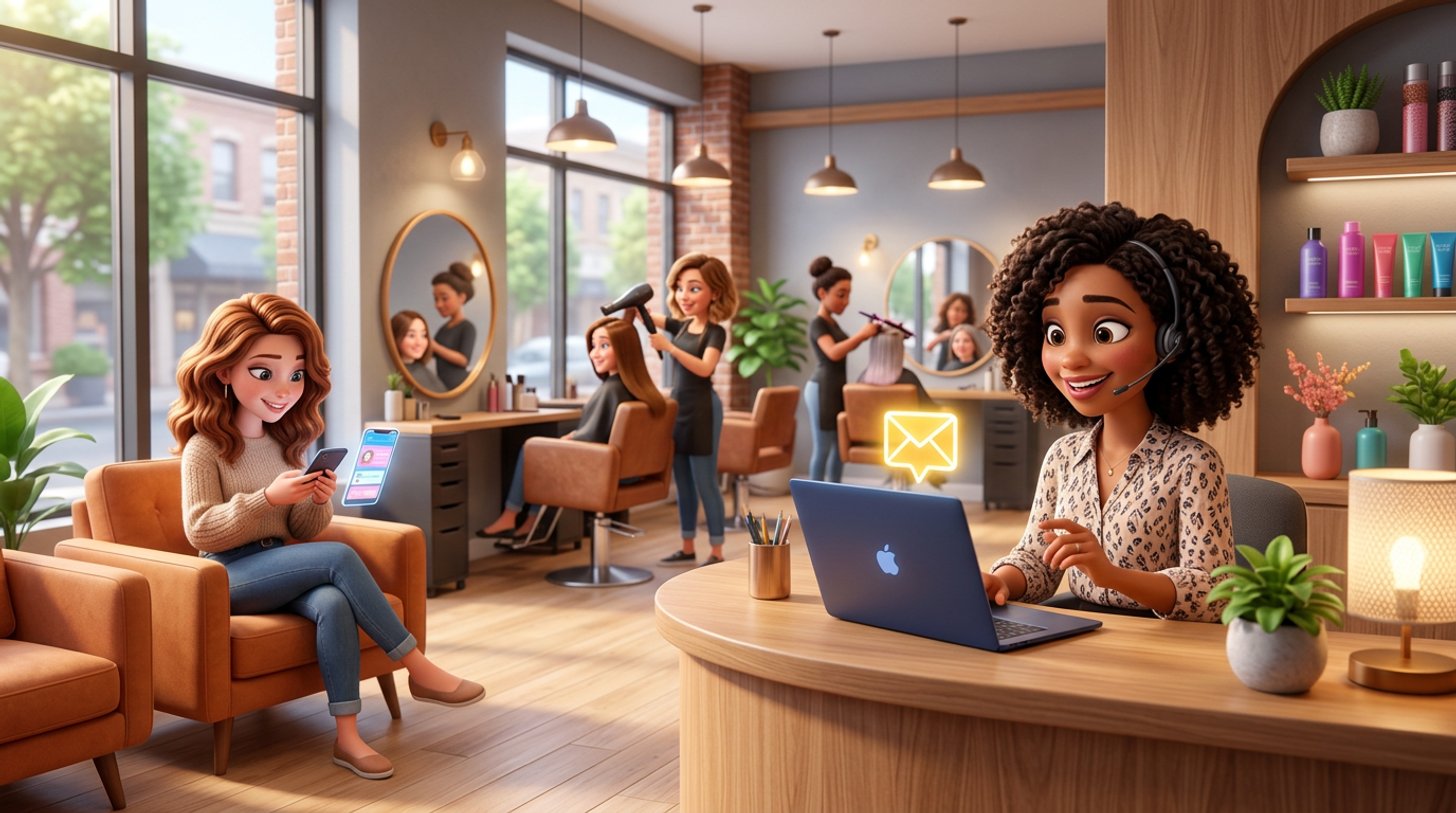 A hair salon receptionist checks reminder notifications on a laptop at the front desk while a client reads the message on her phone in a bright American salon