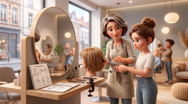 Illustration d'une coiffeuse expérimentée guidant la main d'une jeune apprentie qui s'exerce à une coupe aux ciseaux sur une tête d'entraînement, dans un salon de coiffure belge lumineux