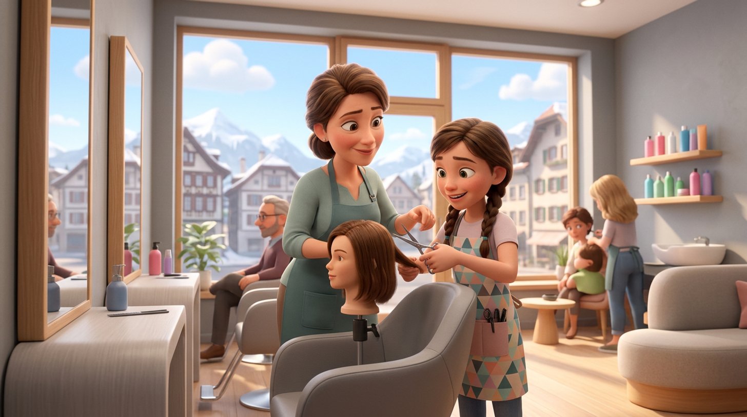 Illustration d'une coiffeuse expérimentée guidant une jeune apprentie qui s'exerce à une coupe aux ciseaux sur une tête d'entraînement, dans un salon de coiffure suisse lumineux