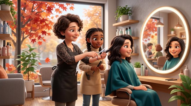 Illustration of a salon owner showing a cutting technique to a young apprentice beside the styling chair, red maple leaves visible through the salon window