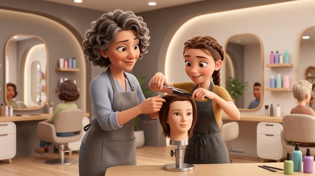 Illustration d'une coiffeuse expérimentée qui montre une technique de coupe à une jeune apprentie sur une tête de mannequin, dans un salon lumineux