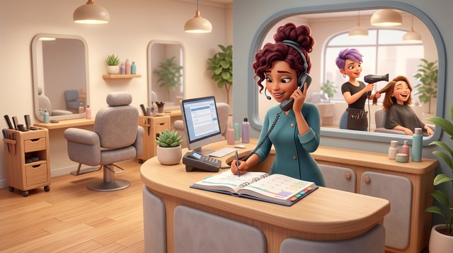 Une gérante de salon de coiffure au téléphone réorganise l'agenda de la journée, un fauteuil vide à côté d'elle pendant qu'une collègue coiffe une cliente en arrière-plan
