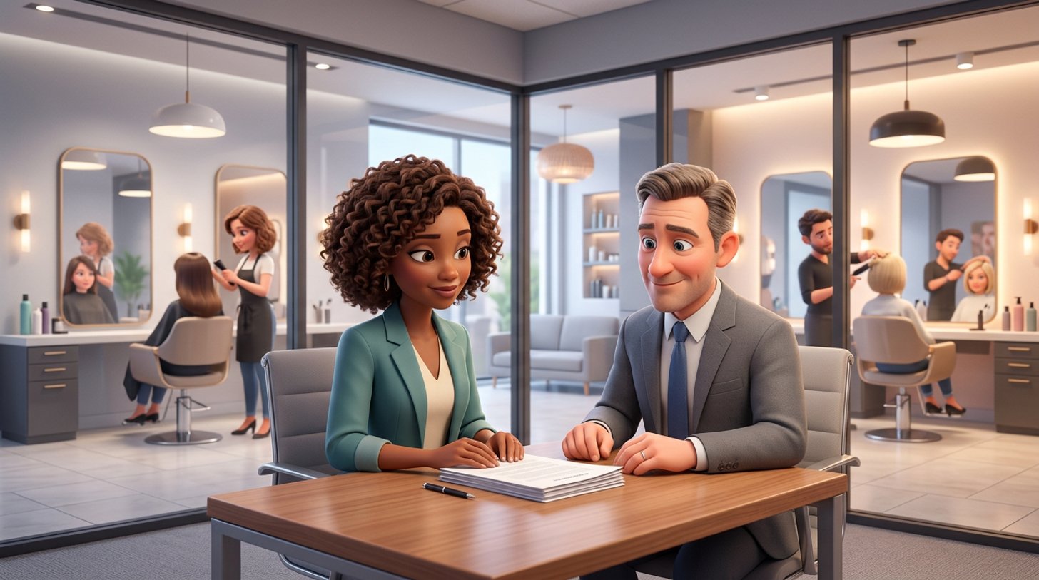 Une gérante de salon de coiffure sereine examine des documents d'assurance avec une conseillère à une petite table, les fauteuils et miroirs de son salon visibles derrière elles