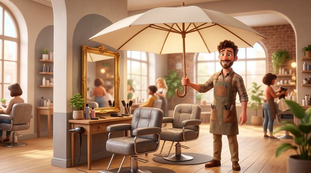Un gérant de salon de coiffure tient un grand parapluie ouvert au-dessus de ses fauteuils et miroirs dans un salon lumineux, image de la protection du salon