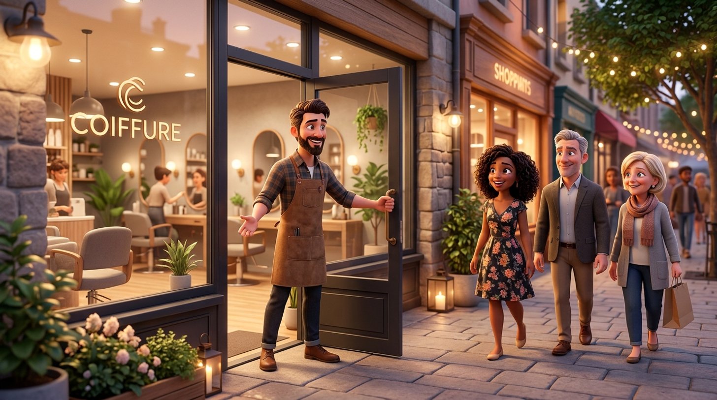 Un coiffeur souriant tient la porte de son salon de coiffure ouverte pendant que plusieurs clients heureux arrivent sur le trottoir devant la vitrine lumineuse