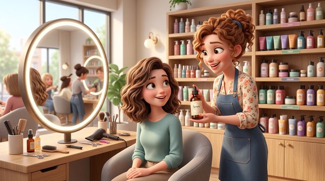 Une coiffeuse présente un flacon de soin capillaire à une cliente assise devant le miroir, avec une étagère de produits de revente en arrière-plan du salon