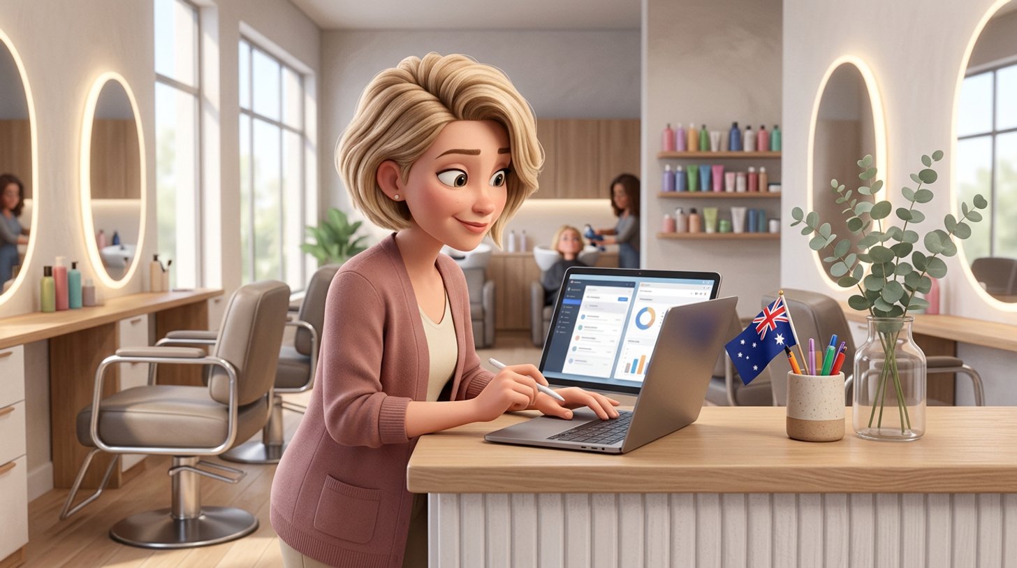 Illustration of a hair salon owner at her reception desk comparing software on a laptop, a small Australian flag in a pen cup and eucalyptus branches in a vase beside the screen