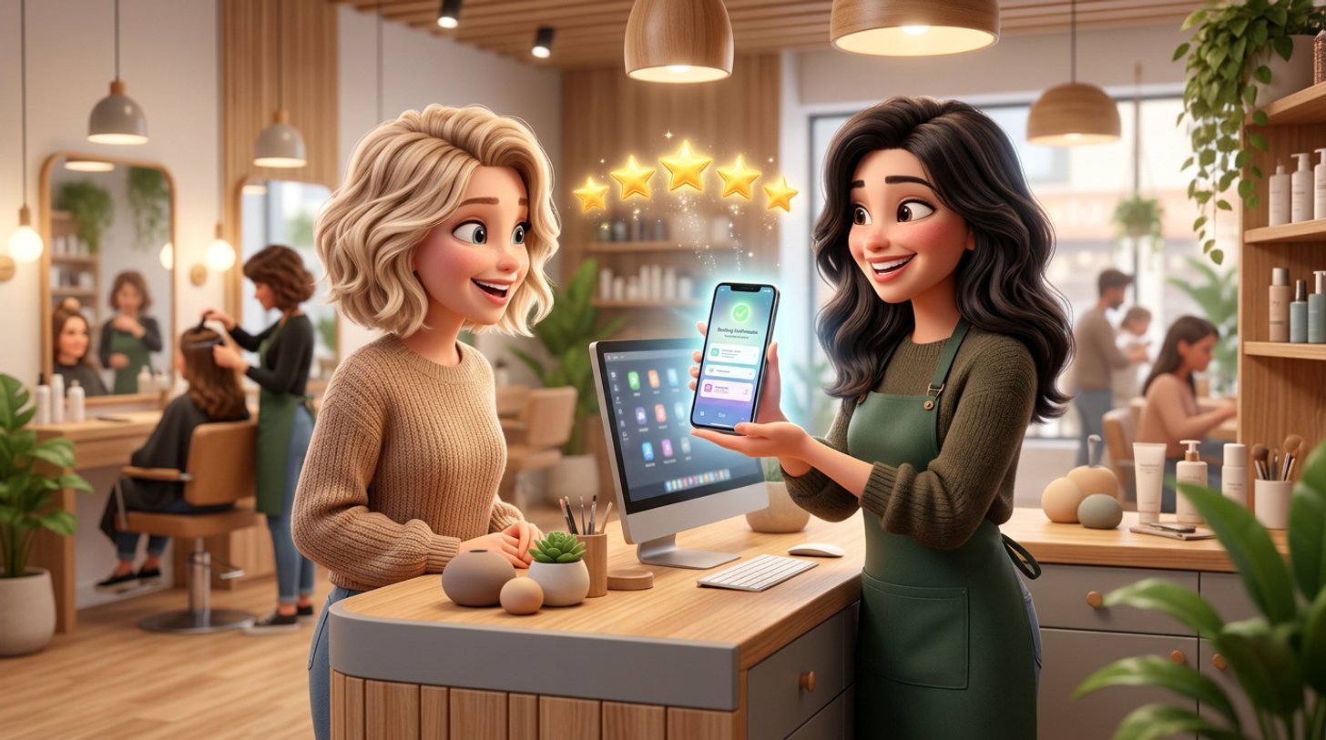 Une coiffeuse montre un smartphone à une cliente souriante au comptoir d'un salon de coiffure, cinq étoiles dorées flottent au-dessus de l'écran