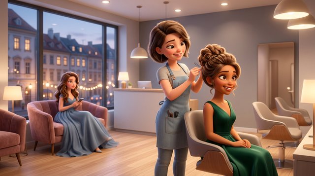 Friseurin steckt einer Kundin im Abendkleid eine elegante Hochsteckfrisur, während eine weitere Kundin im Ballkleid im abendlich beleuchteten Salon wartet