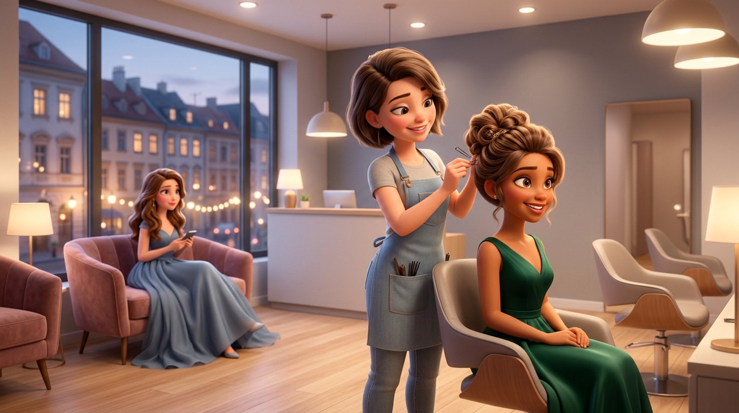 Friseurin steckt einer Kundin im Abendkleid eine elegante Hochsteckfrisur, während eine weitere Kundin im Ballkleid im abendlich beleuchteten Salon wartet
