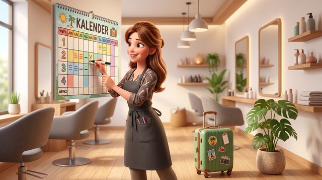 Illustration einer Friseurin, die in ihrem hellen Salon Urlaubswochen auf einem Wandkalender markiert, daneben ein kleiner Reisekoffer