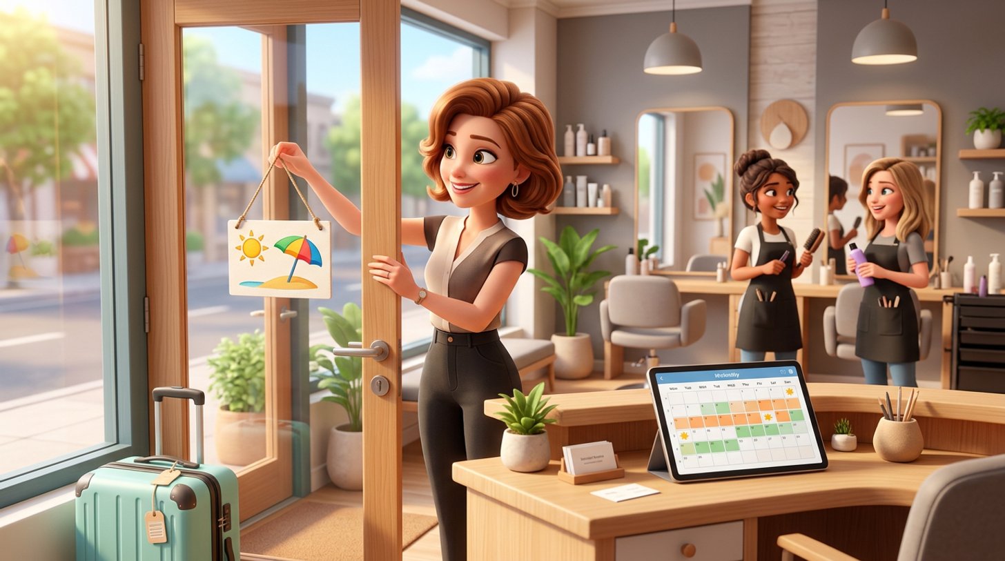 Friseursalon-Inhaberin hängt ein Urlaubsschild an die Glastür ihres Salons, auf dem Tresen zeigt ein Tablet den Monatskalender mit zwei gesperrten Wochen, im Hintergrund zwei Mitarbeiterinnen und ein Koffer